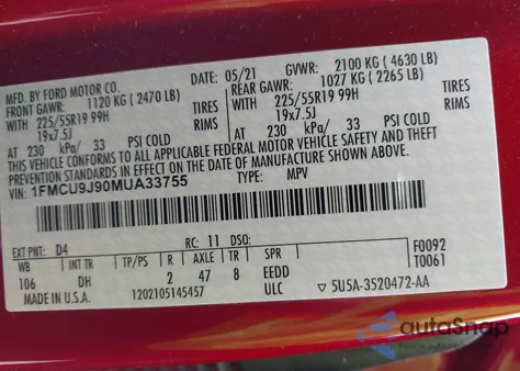 2021 Ford Escape Titanium z USA, uszkodzony, nr VIN 1FMCU9J90MUA33755